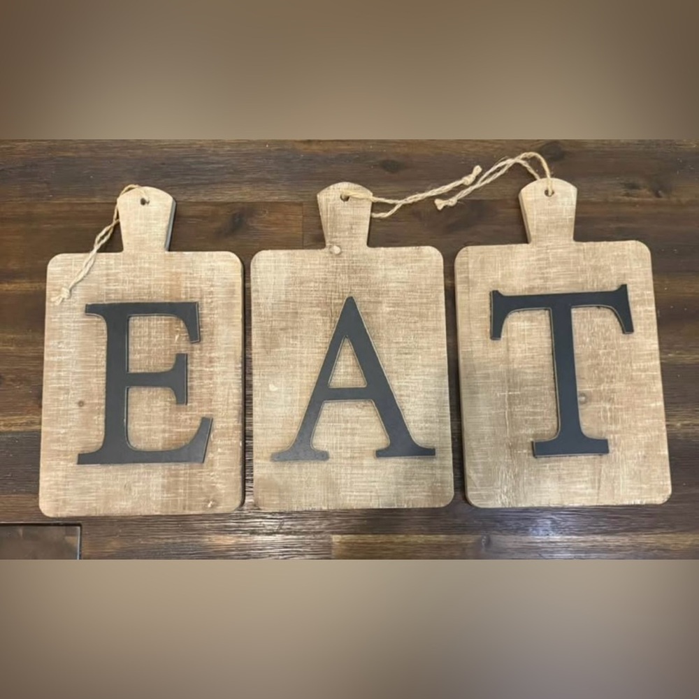 EAT/TEA 3-pc Sign Farmhouse Kitchen Decorative, Hanging Rustic Cutout Letters